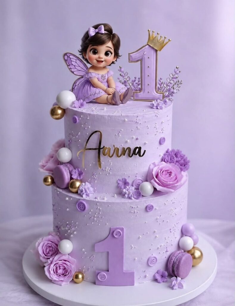 Two-tier purple birthday cake with fairy topper, roses, and number one decorations.
