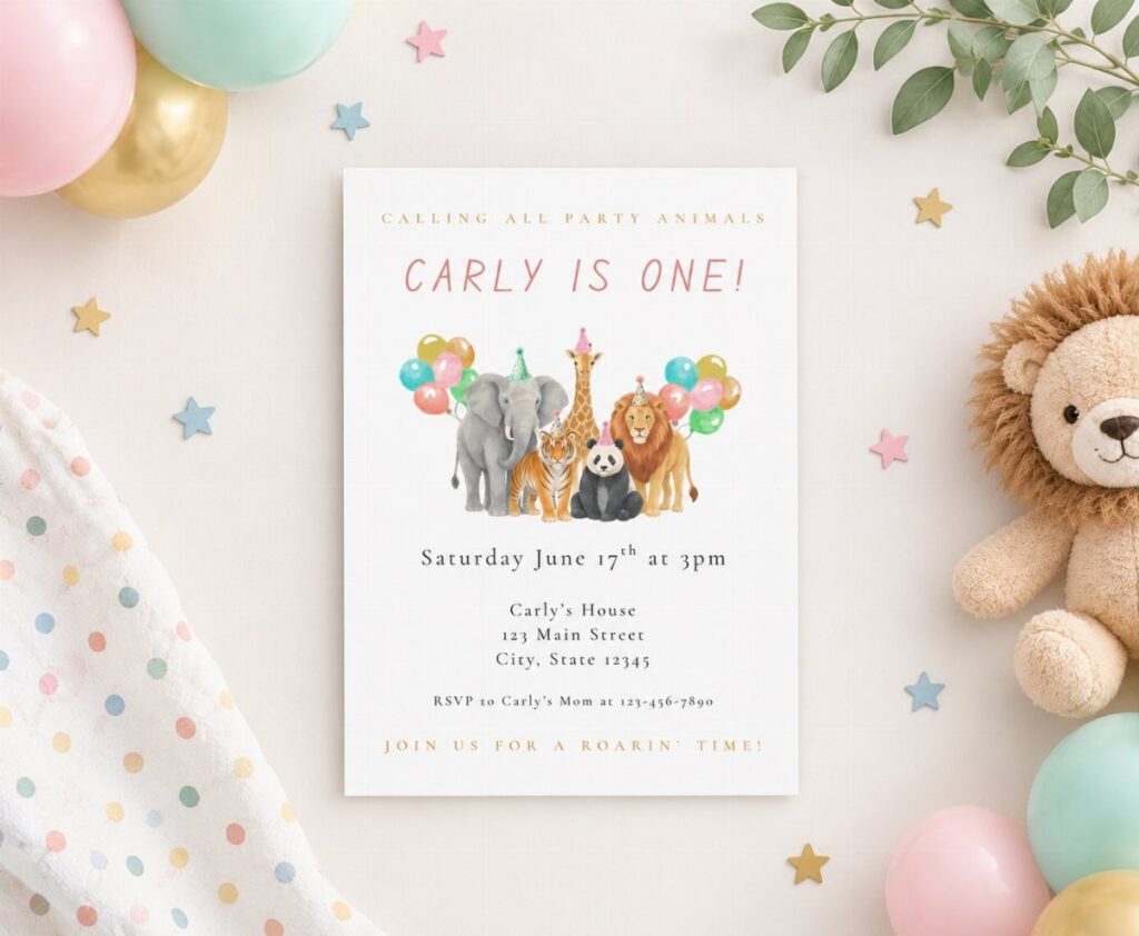 Animal themed first birthday invitation surrounded by pastel balloons and a plush lion.