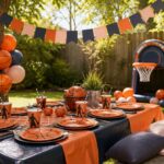 Brightly lit backyard with a picnic table set for a basketball-themed birthday party.