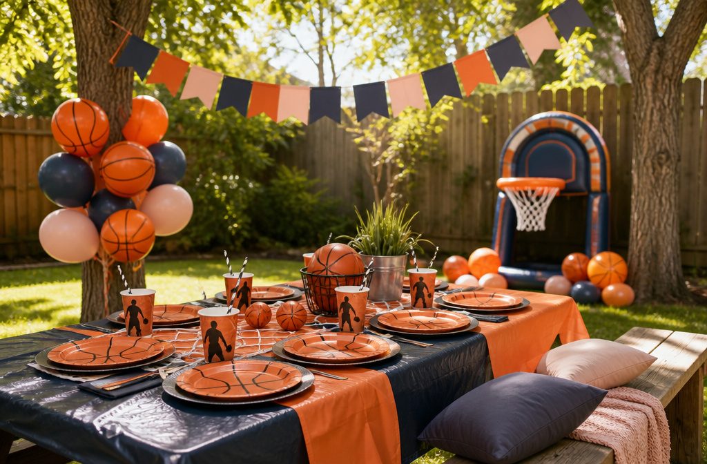 Brightly lit backyard with a picnic table set for a basketball-themed birthday party.
