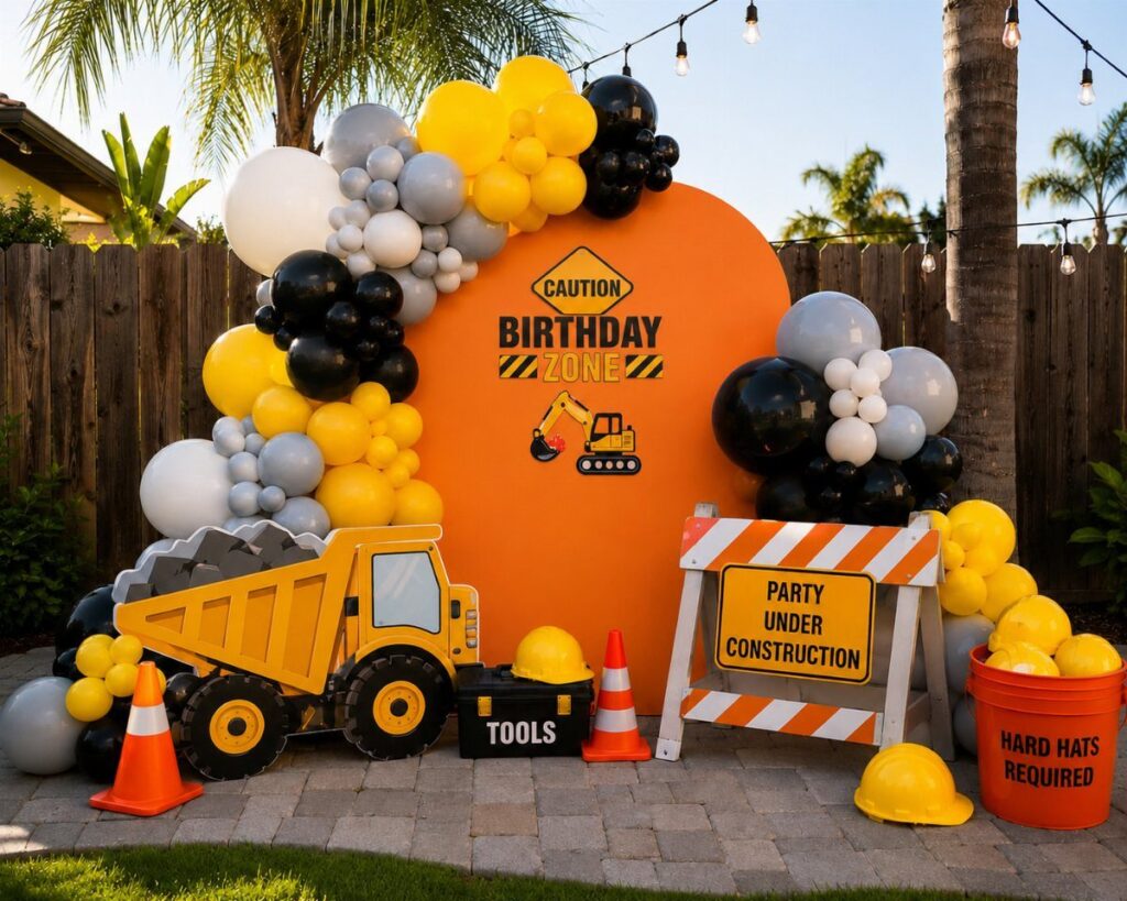 Construction themed birthday party setup with balloons, dump truck, and orange traffic cones.