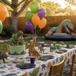 Vibrant backyard decorated for a dinosaur birthday party with balloons and banners