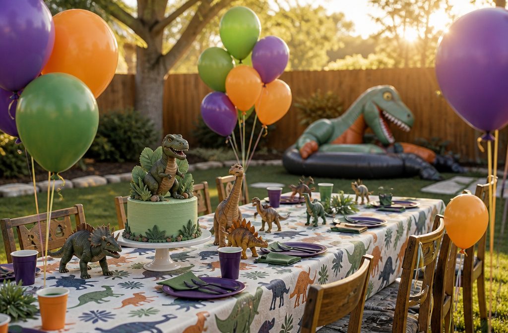 Vibrant backyard decorated for a dinosaur birthday party with balloons and banners