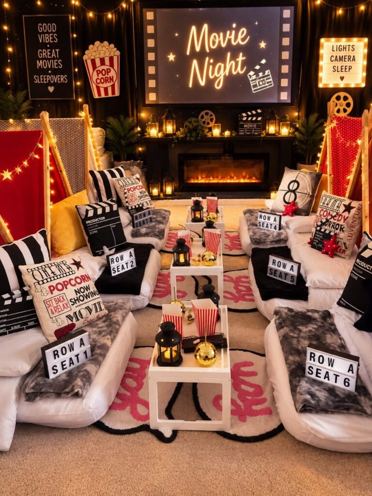 Cozy movie night setup with bean bags, popcorn, and a large projection screen.