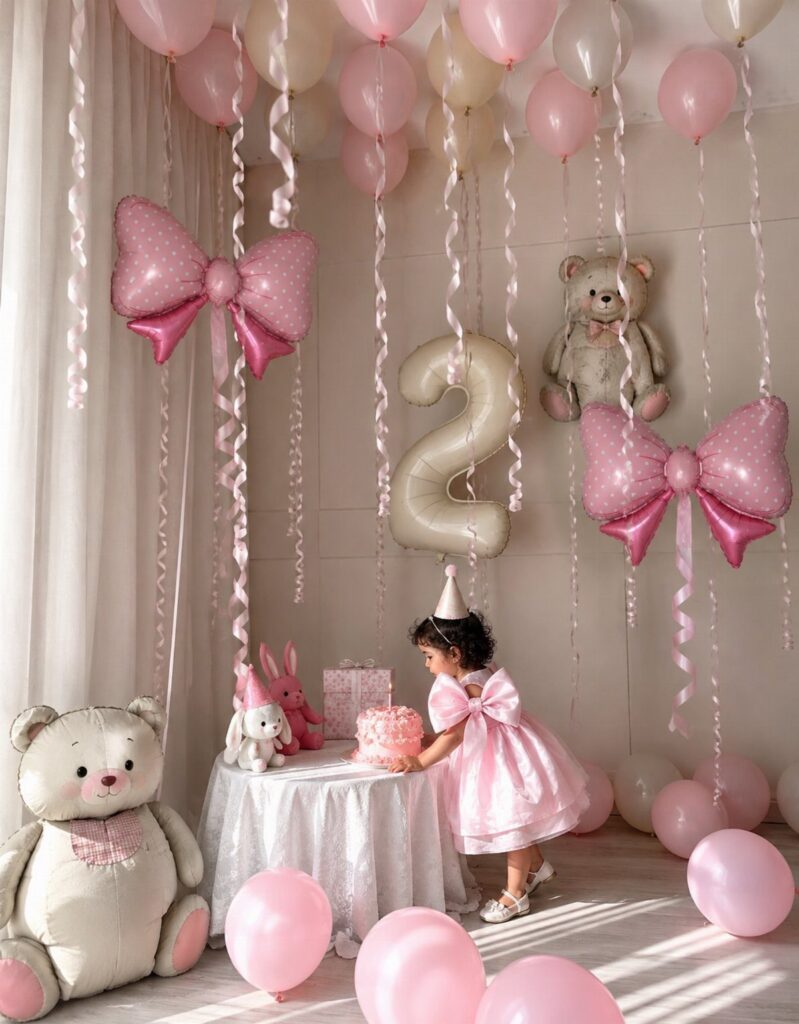 Toddler girl at a second birthday party with pink balloons and streamers decorations.