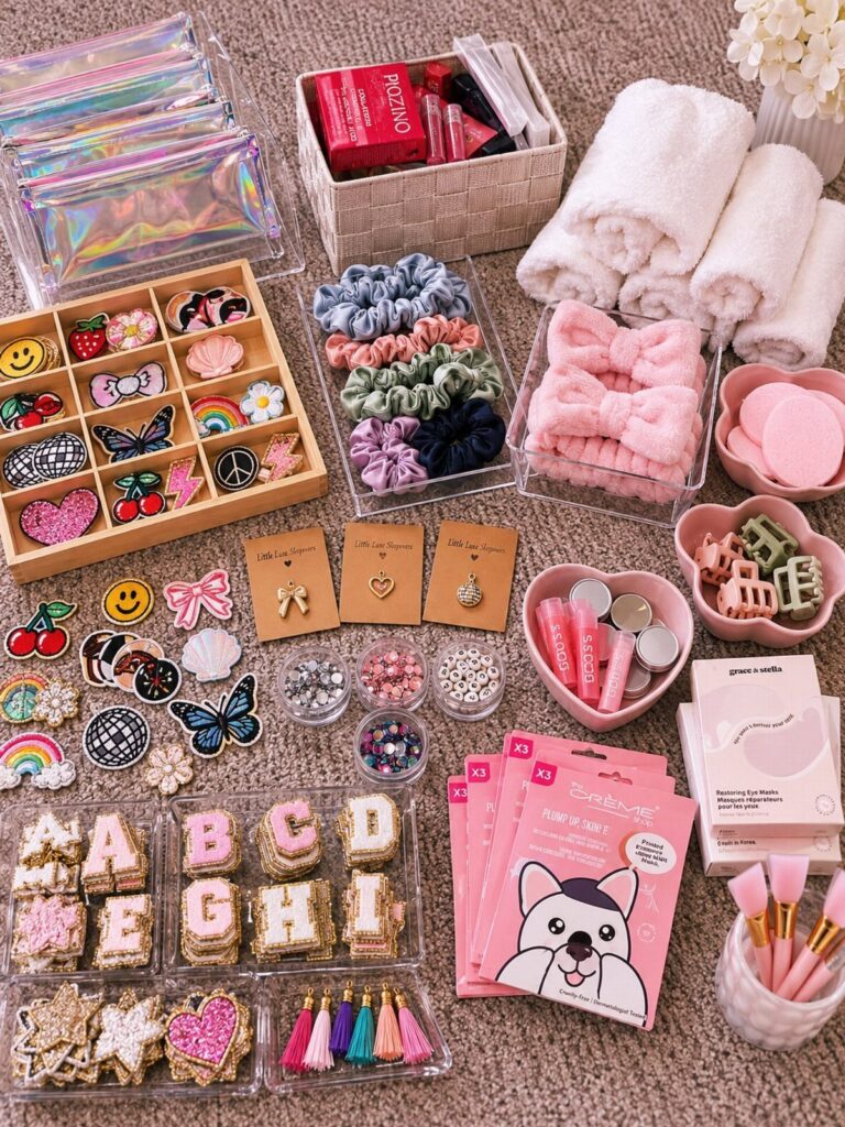 Assorted sleepover party favors including beauty products, cookies, and hair accessories on a table.