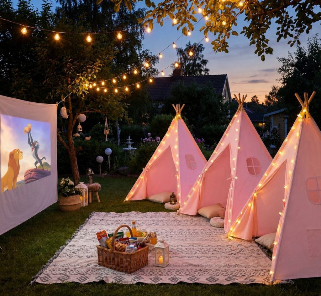 Pink teepee tents and a movie projector screen set up in a backyard.