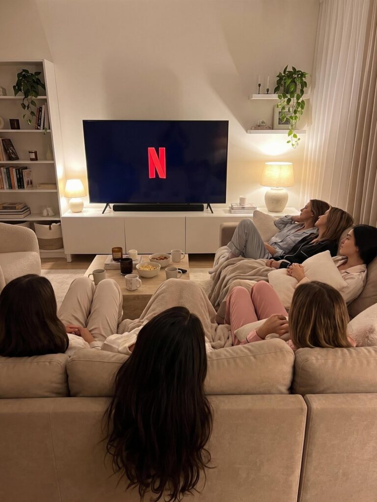 Women in pajamas lounging in a living room watching Netflix on a television