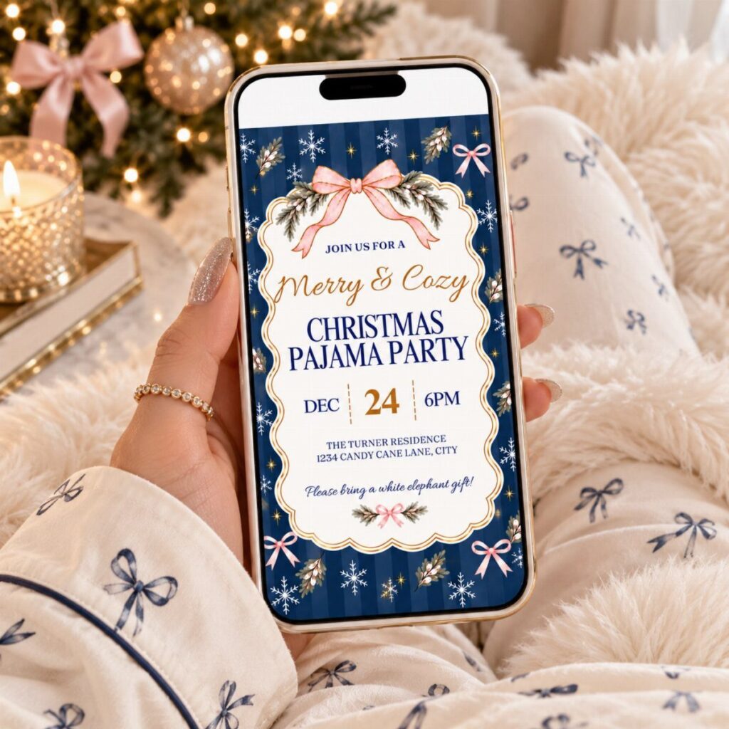 Smartphone displaying a Christmas pajama party invitation held by a person in pajamas.