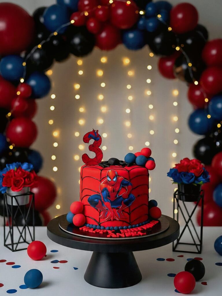 Spiderman birthday cake with red webbing and a number 3 topper on stand