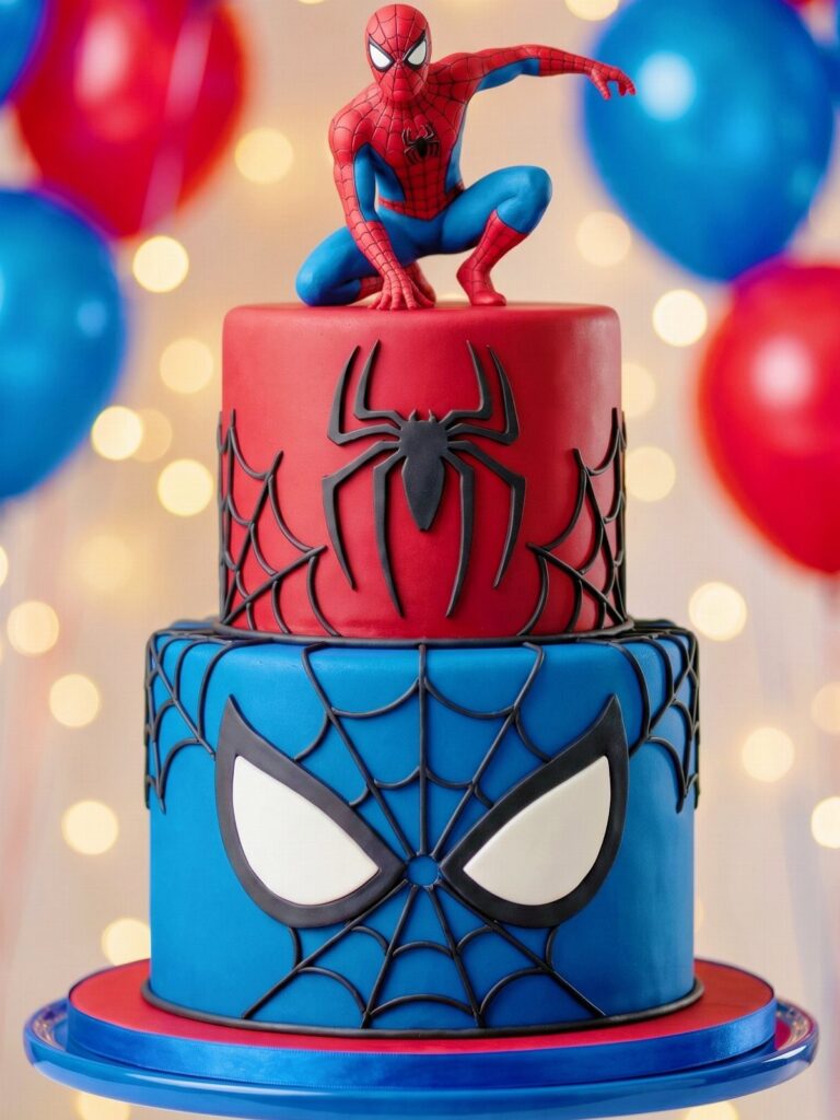 Two-tier Spiderman cake with a figure on top and colorful balloons behind.