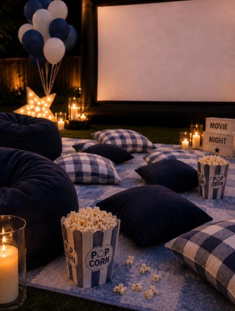 Outdoor movie night setup with a projection screen, popcorn, and cozy blue pillows.